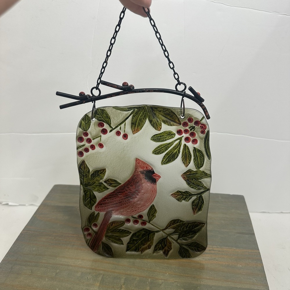 Red Cardinal Artisan Suncatcher Metal Decor Hanger 9" X 7" Holly Branch Glass - Picture 10 of 14
